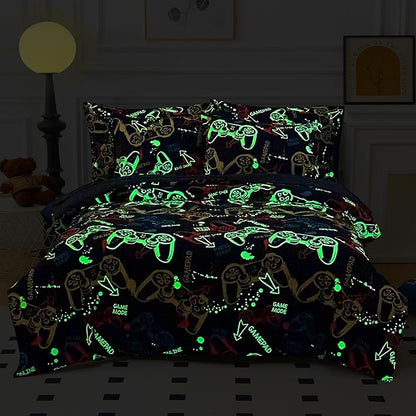 Glow in The Dark Kids Comforter Set, 7 Pieces Gamepad Pattern Bedding Set Full Size for Boys Girls Teen, 1 Comforter, 1 Pillowcase, 2 Pillow Shams
