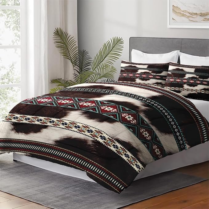 Full Size Comforter Set with 2 Pillowcases, Western Retro Cow Cowhide Print 3 Pcs Bedding for Kids and Adults, Vintage Fur Animal Soft Comforter Set for Bedroom Bed Decor