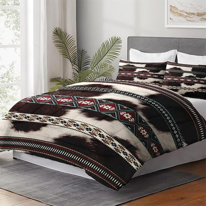 King Size Comforter Set with 2 Pillowcases, Cowhide Cow Print 3 Pcs Bedding for Kids and Adults, Vintage Animal Fur Soft Comforter Set for Bedroom Bed Decor