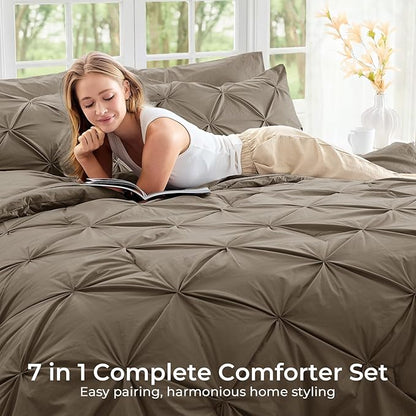 Sasttie Full Size Comforter Set, 7-Piece Bed in a Bag Double, Pintuck Bedding Set for All Season, Includes Comforter, Flat Sheet, Fitted Sheet, Pillowcases and Pillowshams, Brown