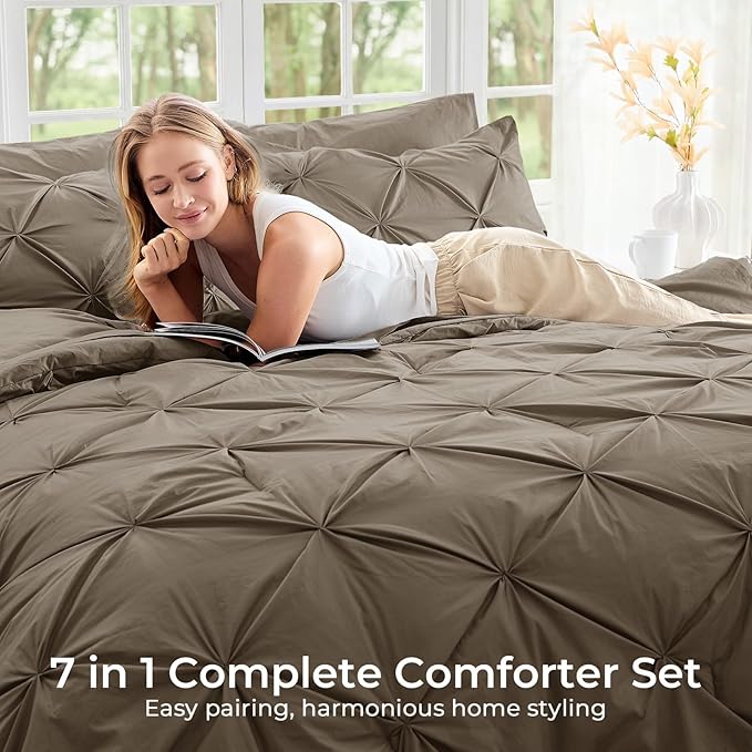 Sasttie Twin Comforter Set, 5-Piece Bed in a Bag, Pintuck Bedding Sets for All Season, Includes Comforter, Flat Sheet, Fitted Sheet, Pillowcase and Pillowsham, Brown