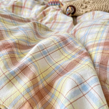 EAVD Vintage Style Buffalo Plaid Duvet Cover Set Twin Soft 100% Washed Cotton Chic Blue&Yellow&Brown Grid Plaid Bedding Set with 2 Pillowcases Farmhouse Gingham Duvet Cover with Zipper