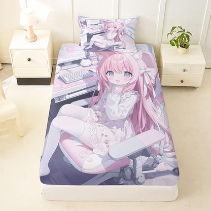 Erosebridal Kawaii E-Sports Girl Fitted Sheet Twin 3D Japanese Girl Bed Sheets for Boys Girls Girly Gaming Bed Set Anime Gifts for Her Sheets with 1 Pillowcase