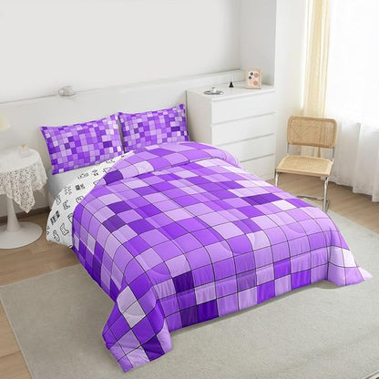 Pixelated Blocks Miners Kids Bedding Set King Size,Video Games Game Gamepad Comforter Set,Geometric Grid Patchwork Quilt Comforter,Purple Bedroom Duvet Insert,2 Pillowcases