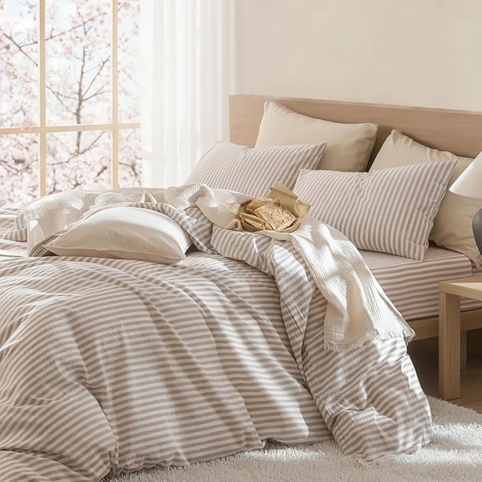 Nayoroom Striped Duvet Cover Queen Size - 100% Washed Cotton White Duvet Cover with Brown Stripes Pattern, 3 Pieces Soft Breathable Girls Dorm Bedding Set for Hot Sleepers, Yarn Dyed Process