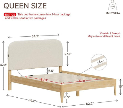 KISLOT Wood Bed Frame with USB & Type-C, Boucle Headboard, Oat, Queen | Platform Bed, Mattress Foundation, No Box Spring Needed, Easy Assembly