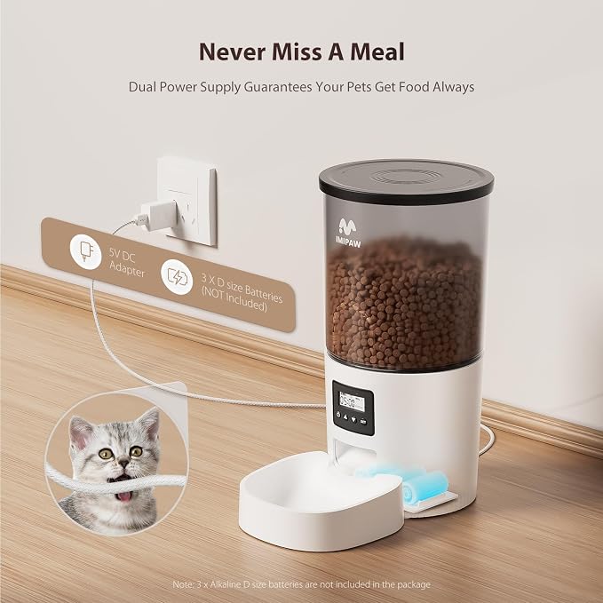 IMIPAW Automatic Cat Feeders, 5L Large Capacity, Timed Feeding Dry Food, Dual Power Design, Programmable Portion Size, 1-6 Meals Per Day, with Desiccant Packet, Suitable for Small Pets Food Dispenser