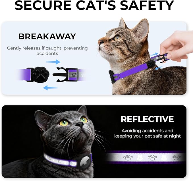 Breakaway AirTag Cat Collar, Reflective Cat Tracker Collar with Bell | Built in AirTag Holder, Adjustable 8.5-12in for Cats, Kittens and Puppies, Safety Elastic Band, Reflective for Night Walking