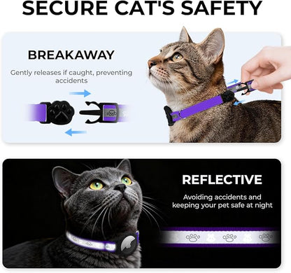 Breakaway AirTag Cat Collar, Reflective Cat Tracker Collar with Bell | Built in AirTag Holder, Adjustable 8.5-12in for Cats, Kittens and Puppies, Safety Elastic Band, Reflective for Night Walking