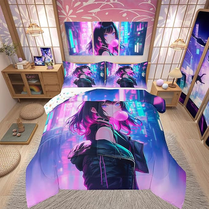 Erosebridal Anime Girl Comforter Set Twin Size, Kawaii Japanese Anime Quilt for Kids Boys Teens Adult, Cartoon Girl Bedding Set Japan Animation Bedroom Decor, Machine Washable, Lightweight