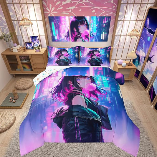 Erosebridal Anime Girl Comforter Set Full Size, Kawaii Japanese Anime Quilt for Kids Boys Teens Adult, Cartoon Girl Bedding Set Japan Animation Bedroom Decor, Machine Washable, Lightweight