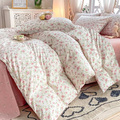 VM VOUGEMARKET Pink Flower Comforter Set Full - Cute Floral Bedding Sets for Girls Women,3 Pieces,1 Soft Lightweight Botanical Flowers Comforter with 2 Pillowcases