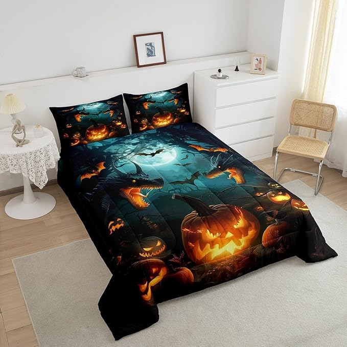 Dragon Pumpkin Bedding Set Full Size,Bat Moon Tree Branch Horror Comforter Set for Kids Boys Girls Room Decor,Happy Halloween Duvet Insert 3Pcs,Retro Wild Animal Moonlight Quilt Set,2 Pillowcases