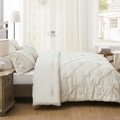 UNIKOME Queen Comforter Set Beige - Ultra Soft Boho Pintuck Cream Down Alternative Bedding Set for All Seasons, 3 Pieces Lightweight Warm Pinch Pleat Bed Set with Comforter, 2 Pillowcases