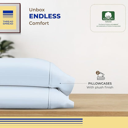 Thread Spread 100% Egyptian Cotton King Size Pillow Cases Set of 2 - Luxury 600 Series Bliss Collection Pillow Cases King Size (Light Blue), Soft Cooling Hotel Cotton Pillowcases, Sateen Finish