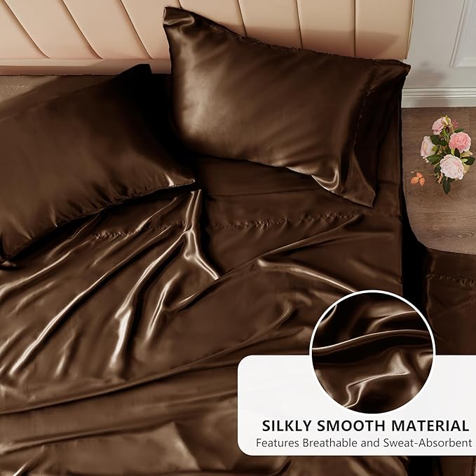 CozyLux Satin Sheets Full Size Sheets - 6 Piece Silky Full Size Bed Sheets, Luxury Brown Full Bed Set with Smooth and Soft Microfiber, Includes 1 Fitted Sheet, 1 Flat Sheet and 4 Pillowcases