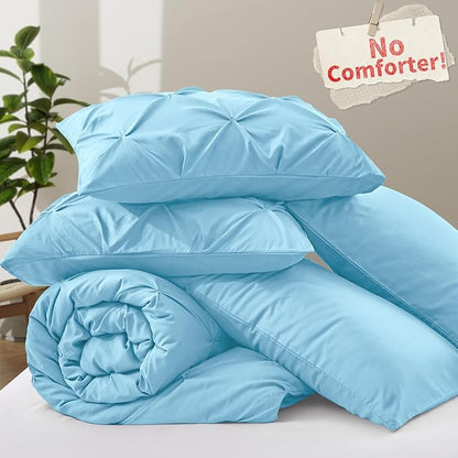 VACVELT 5 Piece Pinch Pleated Duvet Cover King Size Set, Light Blue Pintuck Duvet Cover with Zipper & 8 Ties, Shabby Chic Microfiber Duvet Cover + 2 Pillow Shams + 2 Pillowcases, No Comforter