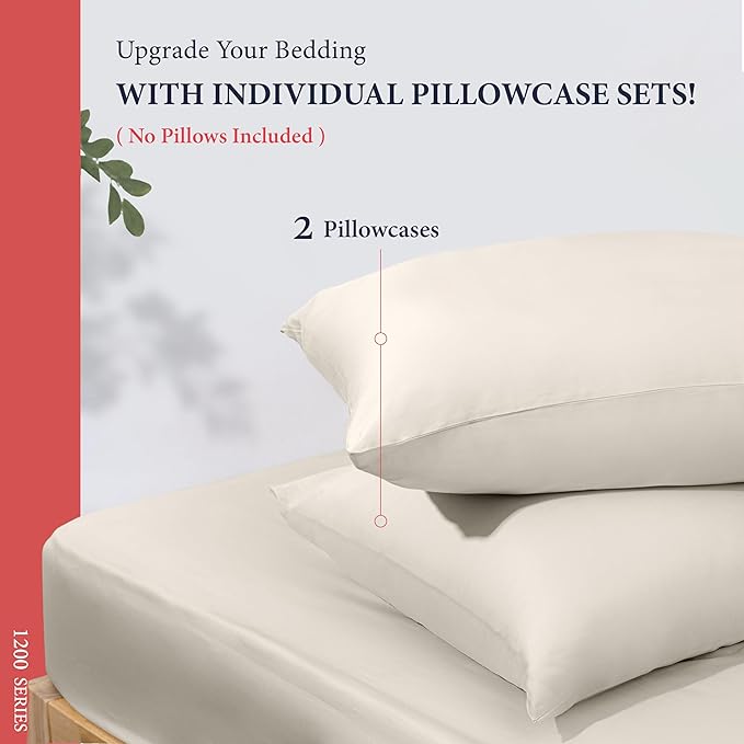 Ashton Sheets 100% Egyptian Cotton Queen Pillow Cases Set of 2 - Luxury 1200 Thread Count Pillow Cases Queen Size (Ivory), Soft, Cooling Hotel Collection Pillowcases, Fits Queen Standard Pillow