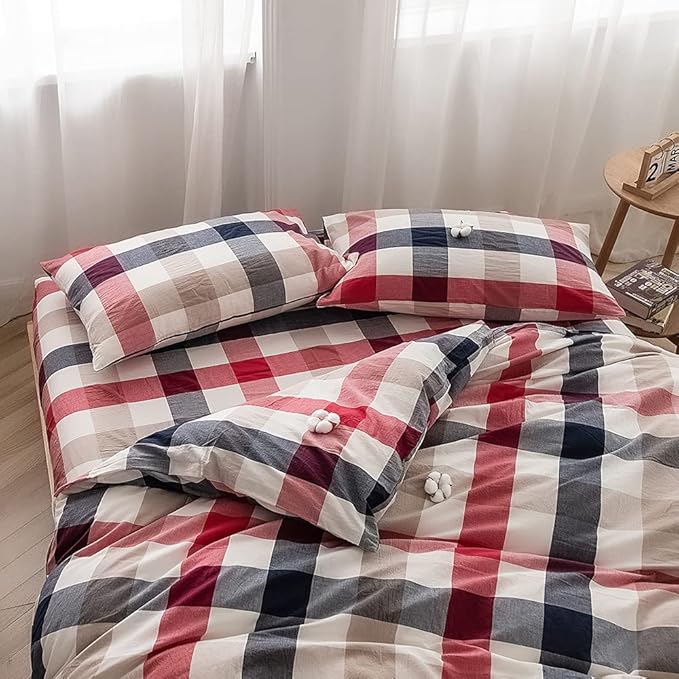 FACE TWO FACE Bedding Duvet Cover Set100% Washed Cotton Duvet Cover Linen Like Textured Breathable Durable Soft Comfy (Queen, Blue red Grid)