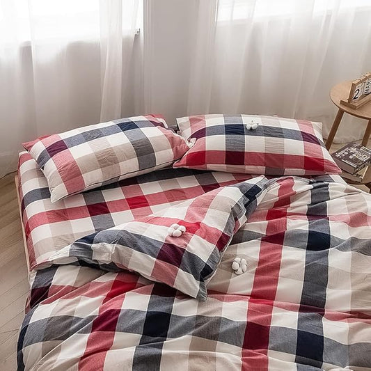 FACE TWO FACE Bedding Duvet Cover Set100% Washed Cotton Duvet Cover Linen Like Textured Breathable Durable Soft Comfy (Twin, Blue red Grid)