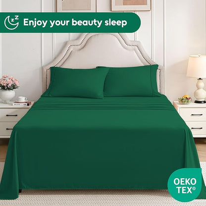 Full Size Bed Sheets Set, 4 Pieces Hotel Luxury Soft Microfiber Bed Sheets Set, Up to 16" Deep Pockets, Oeko-Tex Sheets with Elastic, Breathable, Wrinkle Free (Forest Green, Full)