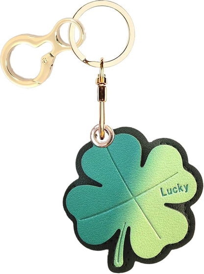 Leather Keychain Holder Case Compatible with AirTag,Cute Protective Cover with Keyring,Anti-Scratch Finder GPS Tracker Case for Wallet Keys,Bag,Pets,Backpack(Four-Leaf Clover)