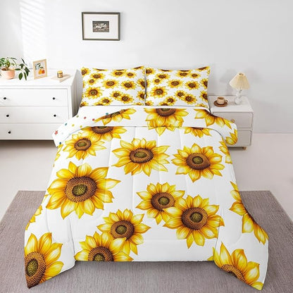 Sunflower Queen Size Bedding Set 3D Floral Botanical Comforter Set Yellow Flowers Bedding Comforter Sets Pastoral Sunflower Decor For Home Quilt Stylish Garden Theme Bedding With 2 Pillowcases, White