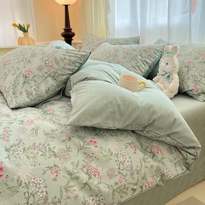 Comforter Set Queen 3 Piecess Green Pink Floral Bedding Set for Girls Kids Colorful Botanical Flower Bedding Soft Breathable Microfiber Sage Green Comforter with 2 Pillowcases