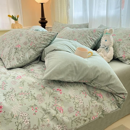Comforter Set Queen 3 Piecess Green Pink Floral Bedding Set for Girls Kids Colorful Botanical Flower Bedding Soft Breathable Microfiber Sage Green Comforter with 2 Pillowcases