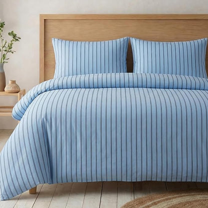 Bedbay Blue Striped Duvet Cover Set King Size, 100% Cotton Sateen Bedding Set, Soft Breathable Hotel-Inspired 3 Piece Duvet Cover for All Seasons