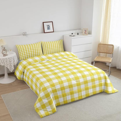 Manfei Yellow Plaid Comforter Set Buffalo Check Plaid Bedding Set Classic Gingham Pattern Bedding Home Decor Yellow White Scottish Comforter Queen Size Quilted Duvet Set 1 Comforter with 2 Pillowcase