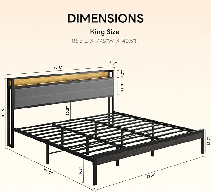 LIKIMIO California King Bed Frame with Storage Headboard & LED Lights, Metal Platform Bed with Charging Station, Noise Free, No Box Spring Needed, Under Bed Storage, Charcoal Gray