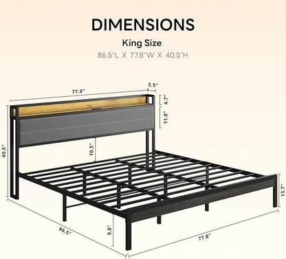 LIKIMIO California King Bed Frame with Storage Headboard & LED Lights, Metal Platform Bed with Charging Station, Noise Free, No Box Spring Needed, Under Bed Storage, Charcoal Gray