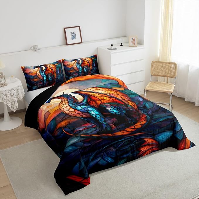 Feelyou Dragon Comforter Set Toddler Size Dragon Stuff Comforter for Boys Girls Teens Wild Life Bedding Set Dragon Decor Duvet Set Room Decor Orange Blue Quilt Set