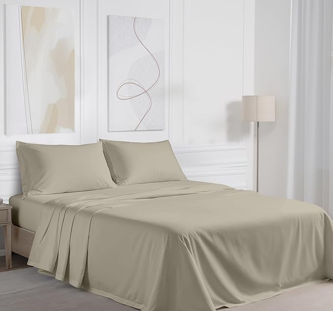 RUVANTI 100% Cotton Sheets – Full Size Percale Bedding, Cooling & Breathable, Durable with a Crisp, Soft & Comfortable Feel, 16" Deep Pocket, 4-Piece Set, Taupe
