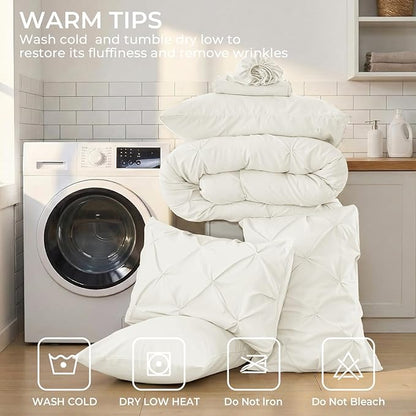 Sasttie Queen Comforter Set, 7-Piece Bed in a Bag, Pintuck Bedding Sets for All Season, Includes Comforter, Flat Sheet, Fitted Sheet, Pillowcases and Pillowshams, Ivory