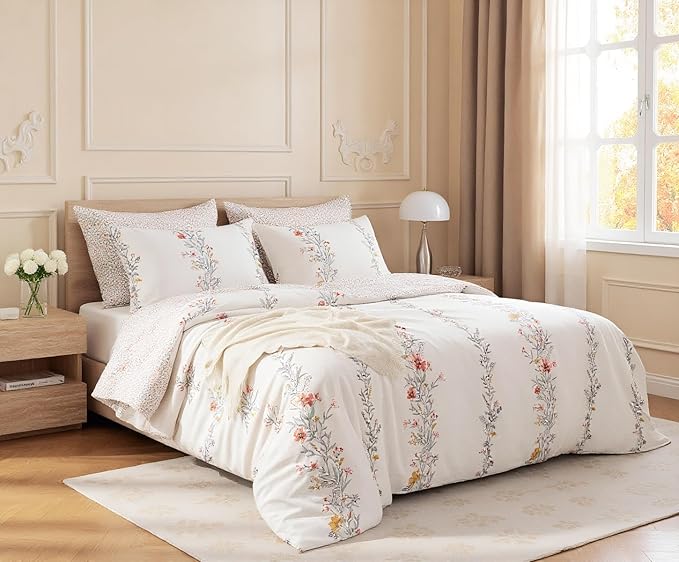 SLEEPBELLA Duvet Cover Queen, 600 Thread Count Cotton Red & Yellow Floral Pattern Flower Reversible Comforter Cover(Queen, White Floral)