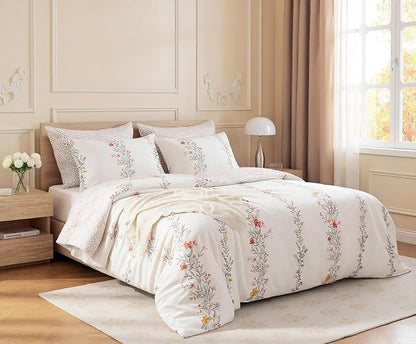 SLEEPBELLA Duvet Cover Queen, 600 Thread Count Cotton Red & Yellow Floral Pattern Flower Reversible Comforter Cover(Queen, White Floral)