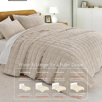 Oversized King Greek Velvet Quilt Set, 3× Softer Luxe Sheen, 100% Cotton Backing, 150GSM Down-Alternative Fill, Extra-Wide 112×106" Hotel-Style Luxury Coverage (1 Quilt + 2 Pillow Shams), Sandshell