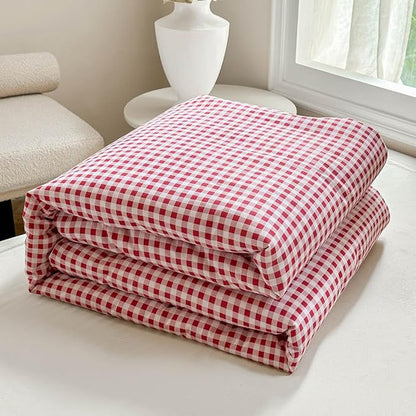 NSNLGSGC Red Gingham Cotton Comforter Set Queen, 100% Washed Cotton Plaid Checked Comforter Bedding, 3 Pieces Vintage Farmhouse Grid Bedding Set(Red Gingham, Queen)