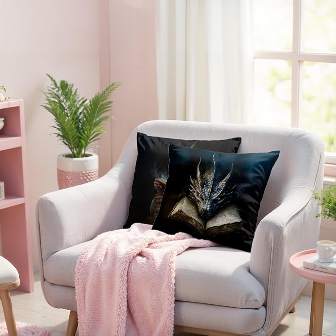 Vintage Magical Black Dragon Reading Book Decorative Throw Pillow Covers 18x18 Set of 2, Fantasy Room Decor for Kids, Gamers, and Bookworms,Reading Nook Decor, Gifts for Bookworm Readers