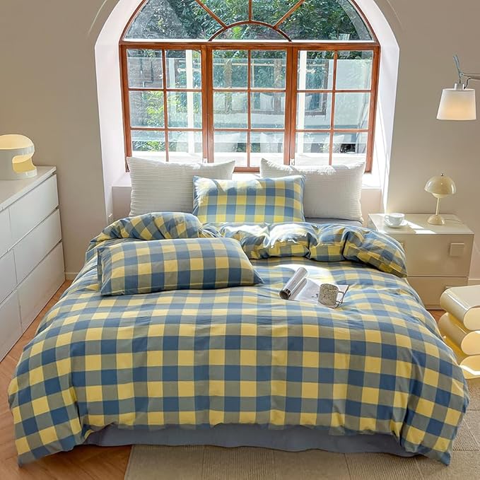 FACE TWO FACE Bedding Duvet Cover Set100% Washed Cotton Duvet Cover Linen Like Textured Breathable Durable Soft Comfy (California King, Blue Yellow Grid)