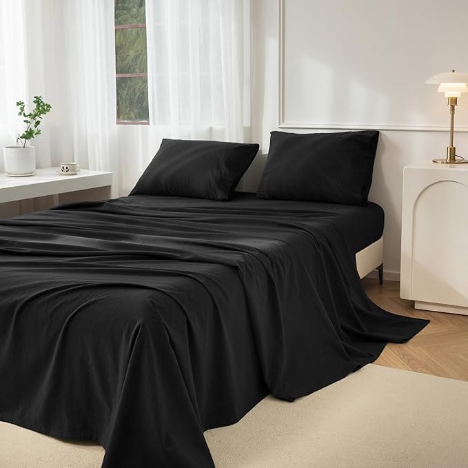 JIYUAN King Size Sheet Set, 4-Piece - 100% Washed Cotton, Linen-Like Soft & Breathable, Includes Deep Pocket Fitted & Flat Sheet with 2 Pillowcases, Hotel Quality, Solid Black