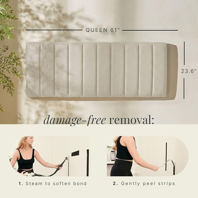 Hearth & Harbor Wall Mounted Queen Headboard Only, Bed Headboard Queen Size | Easy Assemble, Floating Peel and Stick, Upholstered, Channel Stitched, 3D Wall Panels, 5 Strips of 3M Tape Included, Linen