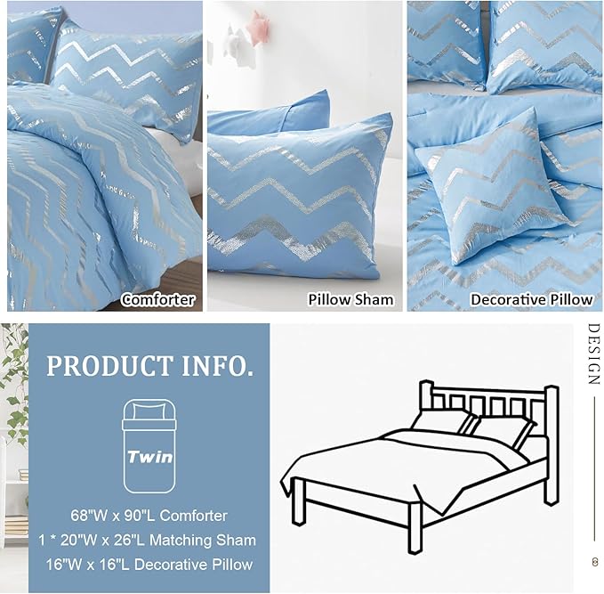 Menghomeus Blue/Silver Comforter Set Twin/Twin XL Size Metallic Print Glitter Bed Comforter Cute Shinny Bedding Sets for Teen Girls Kids, 3 Piece (1 Pillowcase, 1 Decorative Pillow Sham)