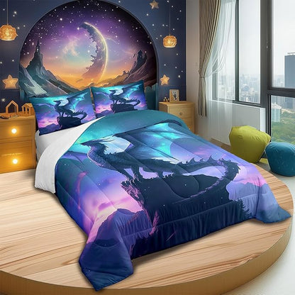 Dragon Comforter Set Full Size,Mountain Wildlife Nature Duvet Insert 3Pcs,Blue Purple Nebula Galaxy Bedding Set for Kids Boys Girls Room Decor,Western Magical Dragon Soft Quilt Set,2 Pillowcases
