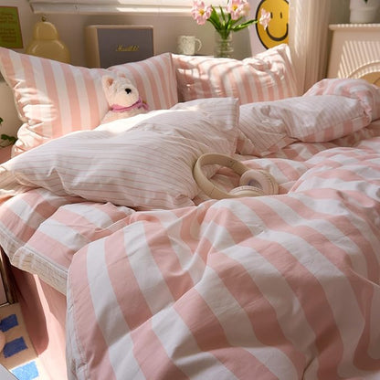 EAVD Pink Striped Duvet Cover King Soft Washed Microfiber Pink White Vertical Striped Bedding Set with 2 Pillowcases Modern Farmhouse Geometric Pattern Duvet Cover with Zipper Closure