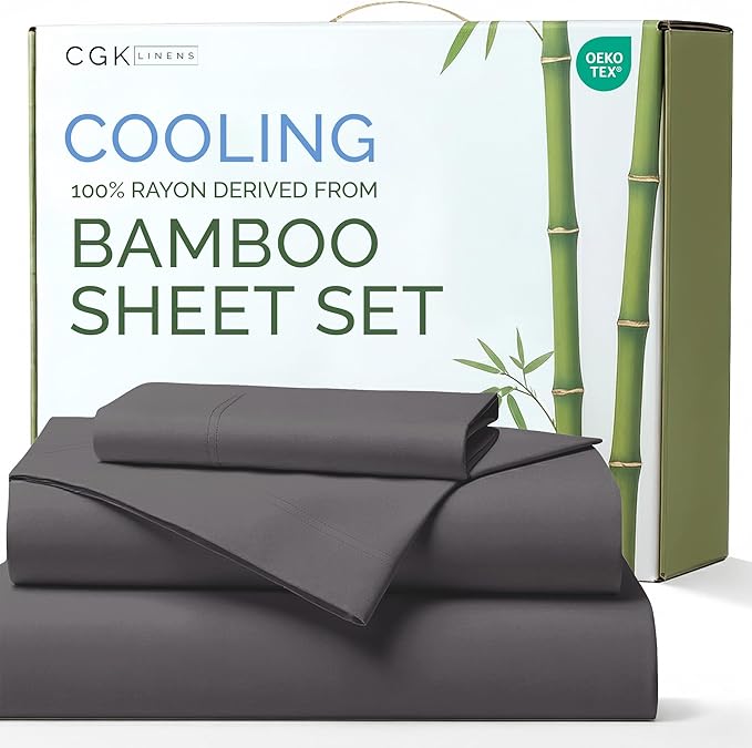 100% Rayon Derived From Bamboo - Bamboo Sheets Twin Size - Cooling Sheets for Twin - Soft, Breathable & Hotel Luxury Bedding - 1 Flat & 1 Fitted & 1 Pillowcase with 16 Inch Deep Pockets - Dark Grey