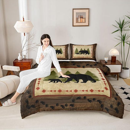 Erosebridal Bear Comforter Set Twin Size Rustic Farmhouse Wildlife Bedding Wild Animals Quilt Country Cabin Lodge Decor Down Comforter Nature Woodland Bear Paw Print Duvet Insert Brown Green