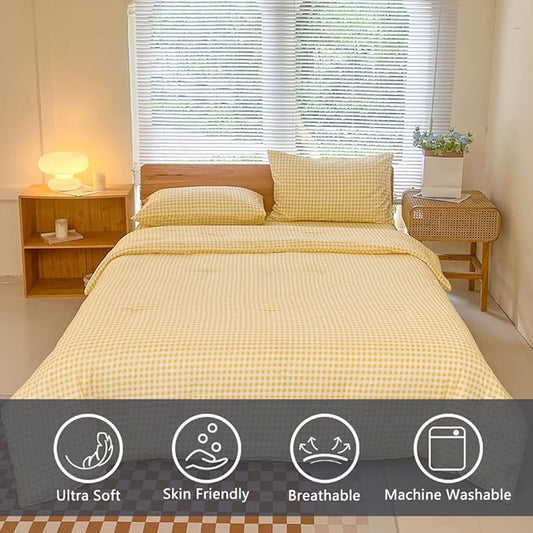 NSNLGSGC King Size Comforter Set, Yellow Gingham Bedding Comforter Sets, Yellow Grid Bed Comforter 3 Pieces (1 Comforter, 2 Pillowcases)